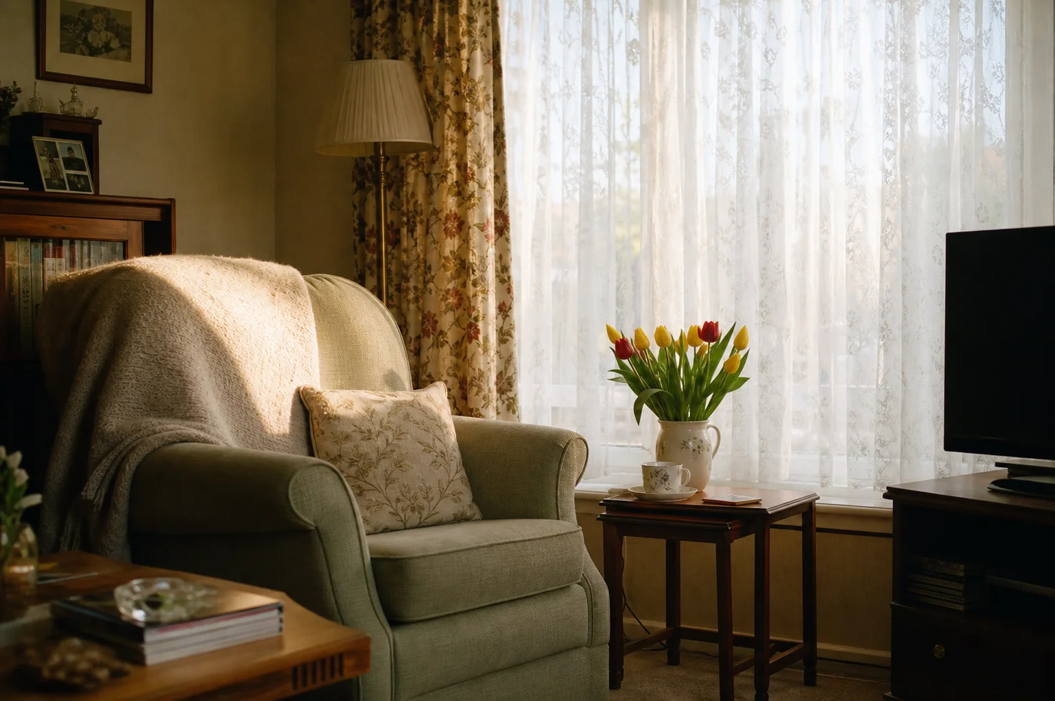 A warm British sitting room with an armchair and tulips, domestic and peaceful