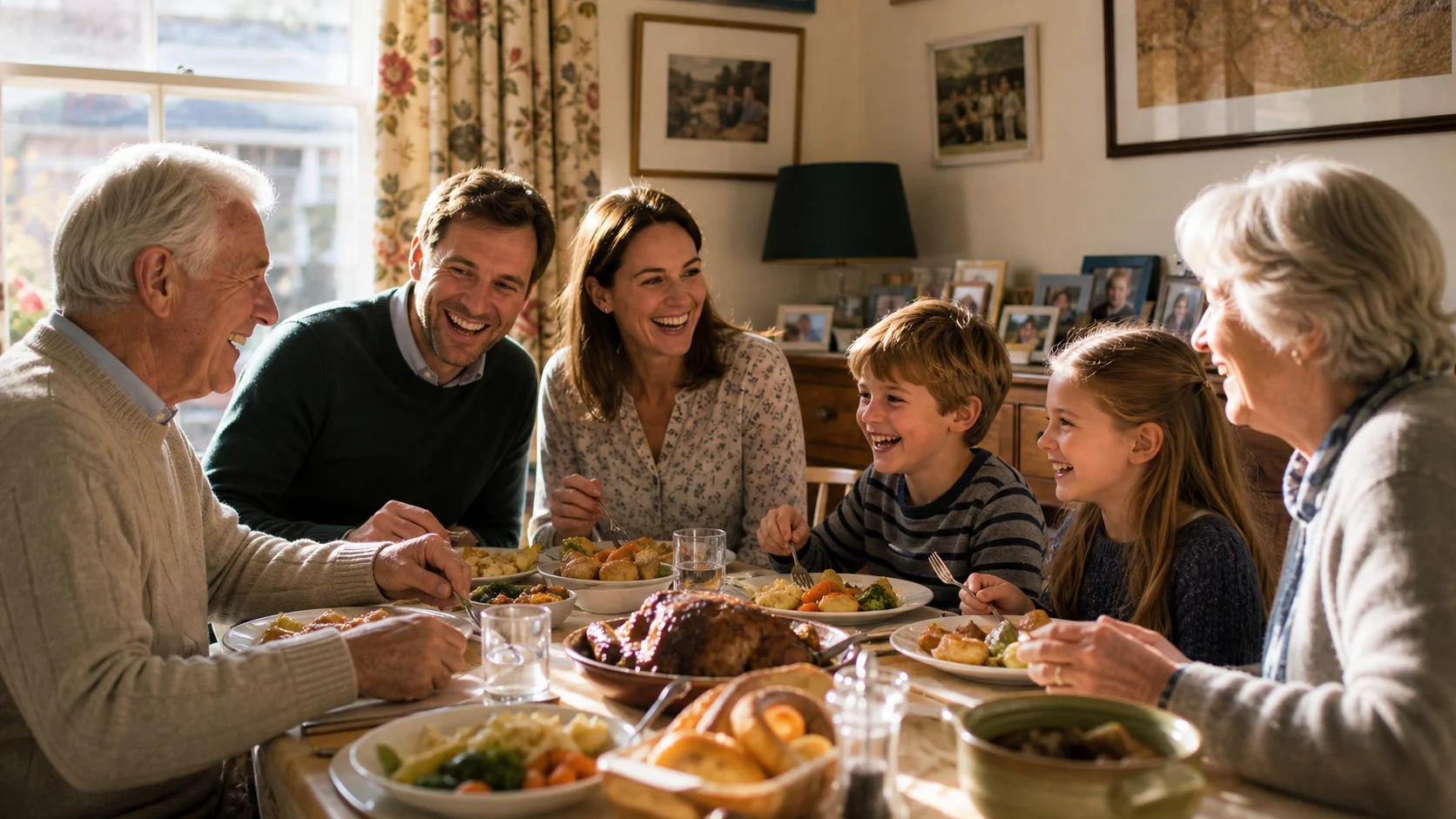 A multigenerational British family gathered around a Sunday roast dinner table in their suburban home, grandparents, children and grandchildren laughing together in warm sunlight