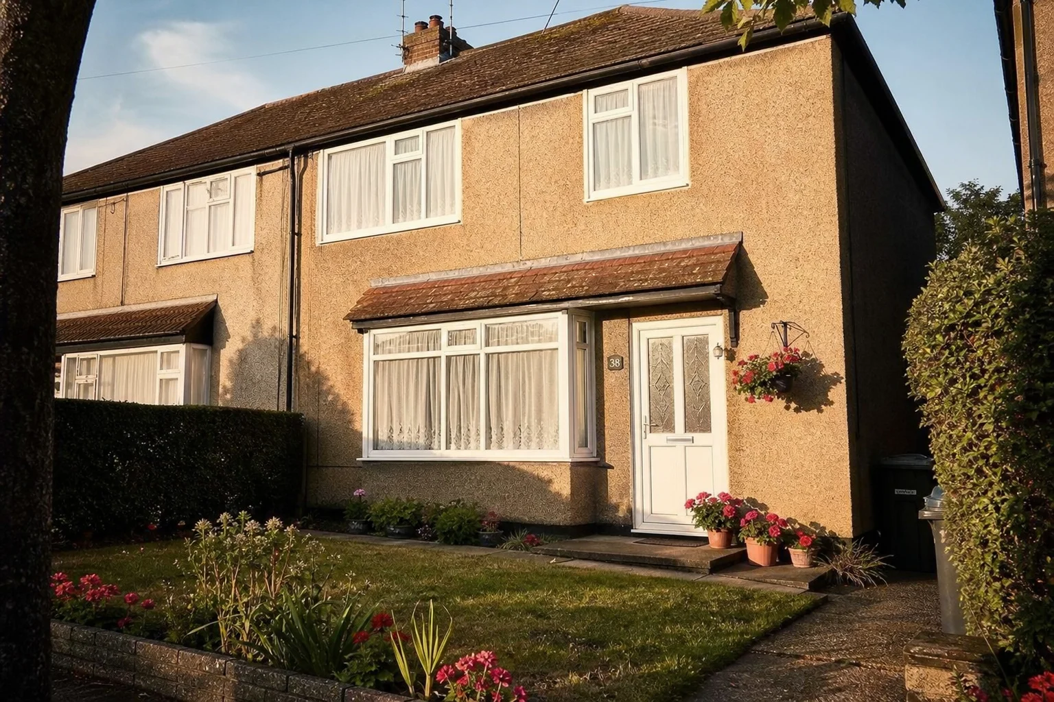A British 1970s semi-detached house in warm evening light, geraniums and hanging baskets, the kind of home a family grew up in