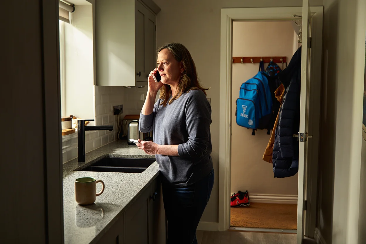 A daughter at home, reassured on a call about her parent's care.