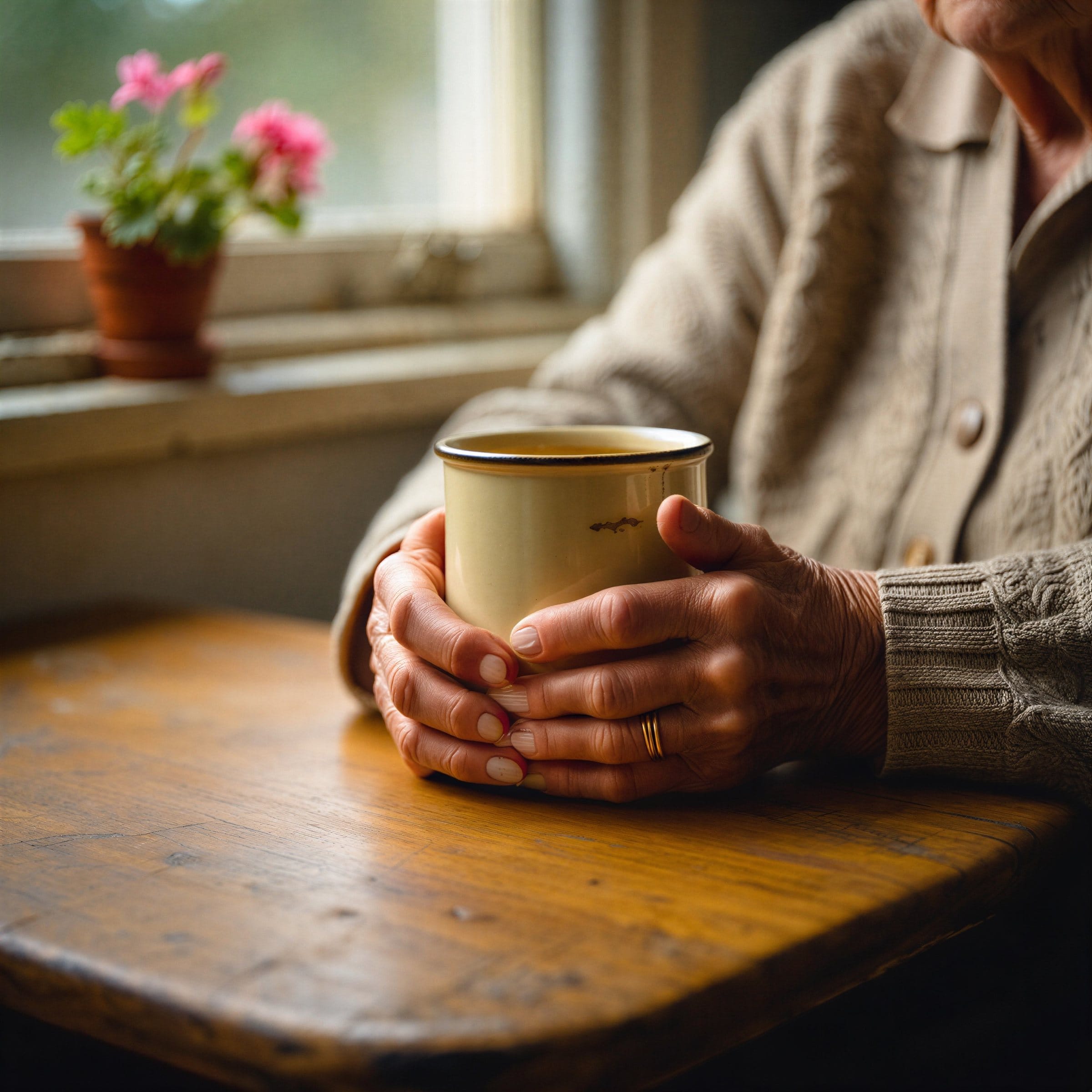An elderly person's hands resting on a table, afternoon light, a moment of quiet thought.
