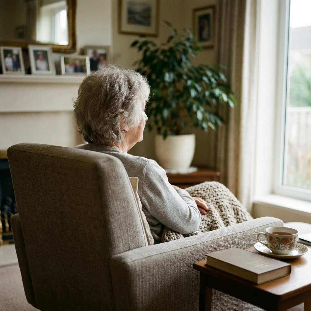 An elderly woman looking out of a window in the morning light, a cup of tea in hand.