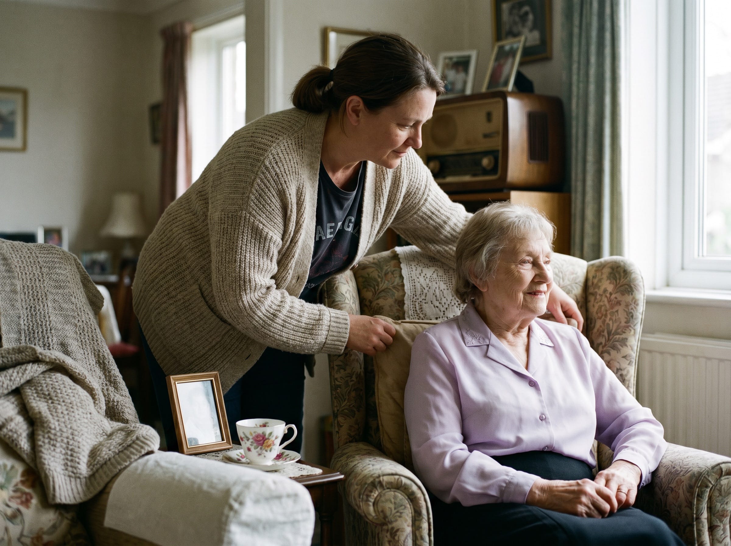 A mother and daughter at home together, a moment of quiet connection.