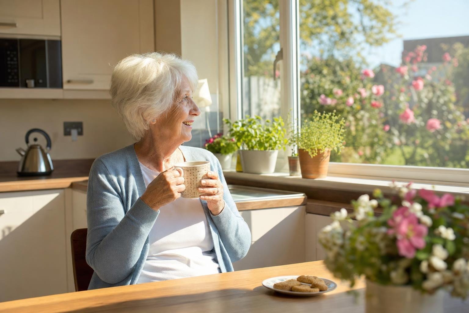 An adult daughter in her early sixties at her own kitchen window, holding a mug of tea, thinking through the decision.