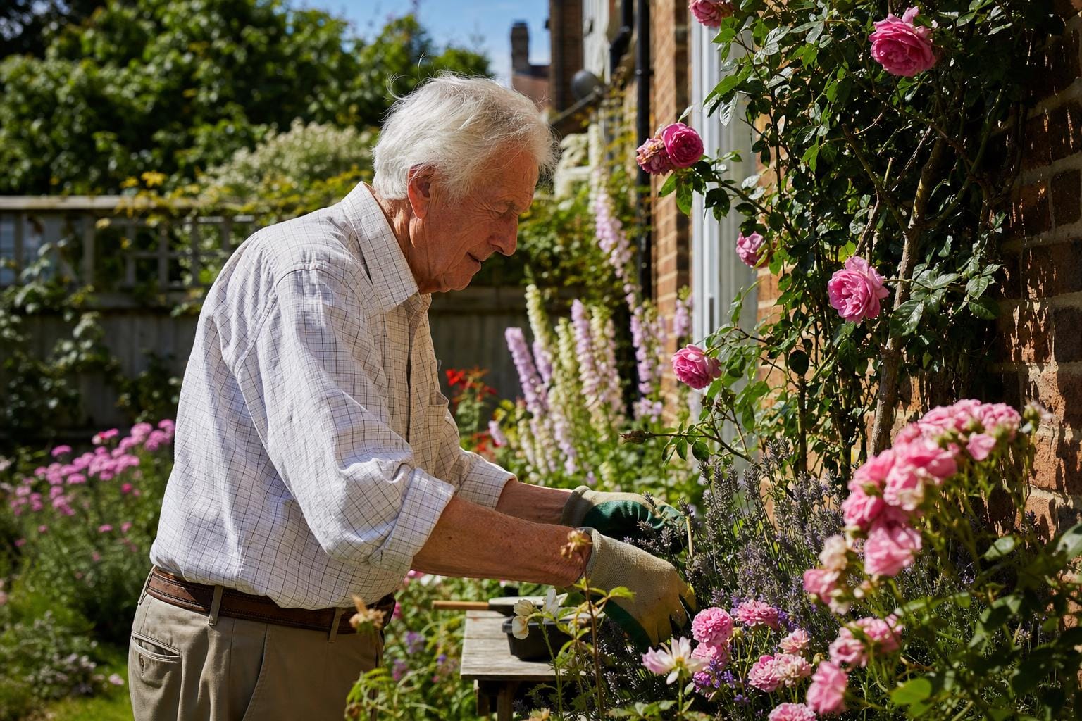 An elderly British woman tending climbing roses in her own cottage garden, absorbed in her task.